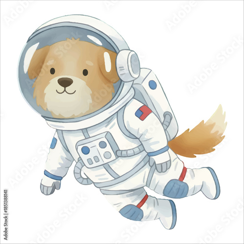 Cute Floating Astronaut Dog Watercolor Vector Illustration on White Background
