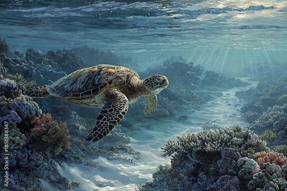 Fototapeta premium Sea turtle swimming underwater near coral reef with sunlight rays penetrating clear ocean water creating peaceful and serene marine scene full of natural beauty and life