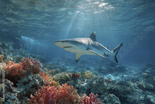 Shark swimming over colorful coral reef in clear tropical ocean water with sunlight rays penetrating surface creating serene underwater scene