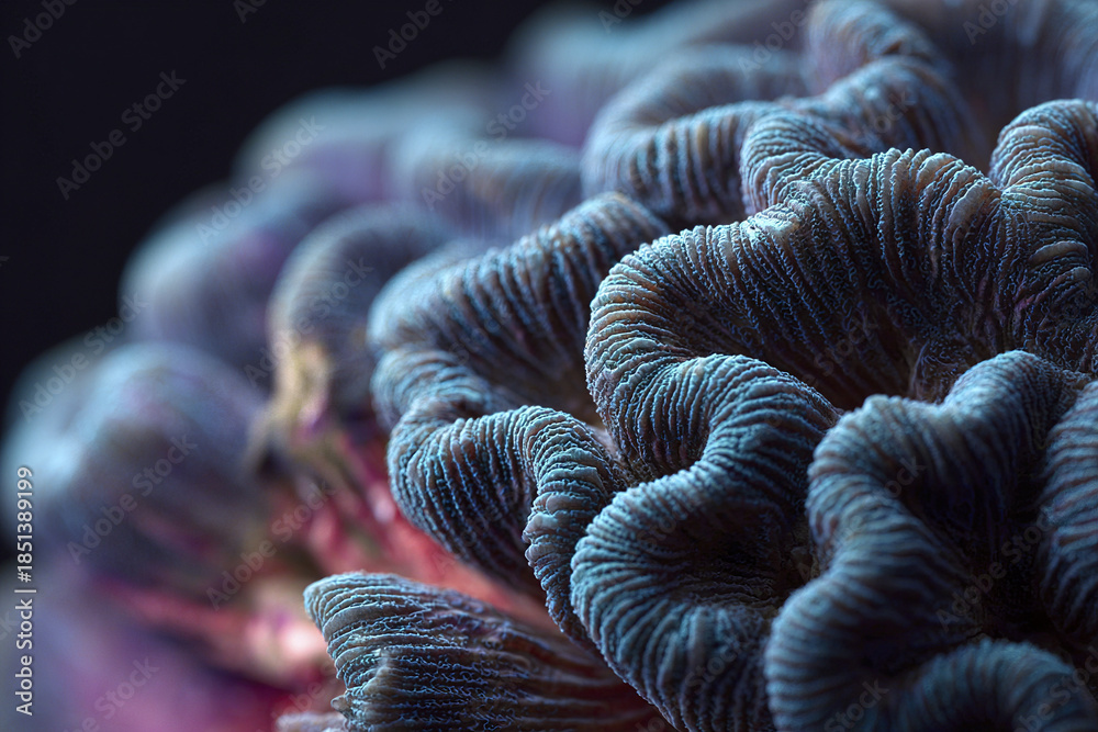Obraz premium Underwater close up of brain coral showing detailed textured surface and intricate folds with blue and purple hues creating mesmerizing natural pattern in ocean