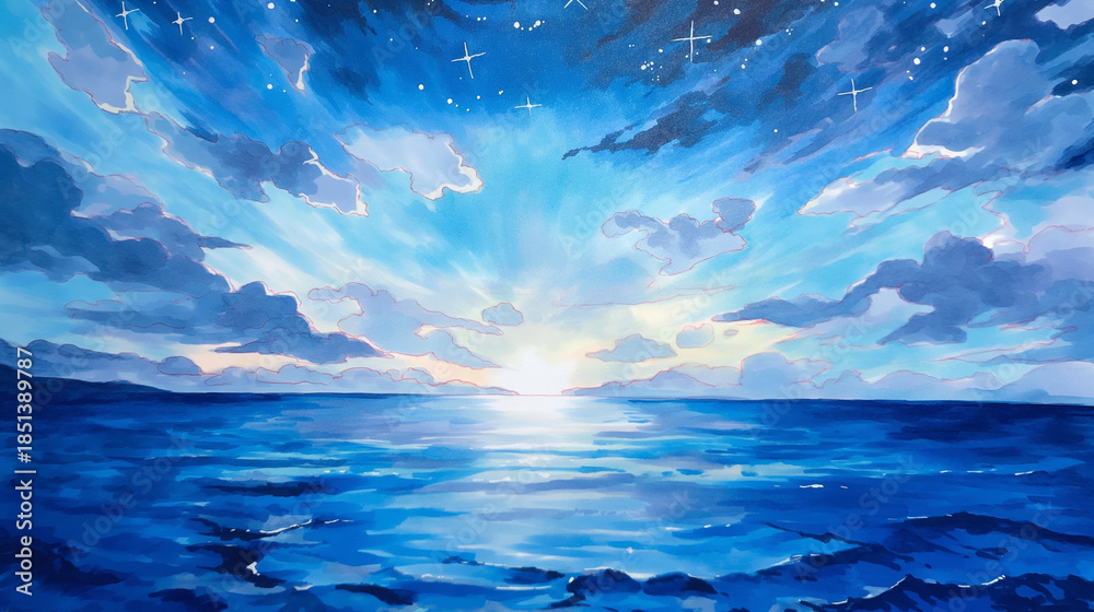 Obraz premium 心を解き放つ夜の海と空のアート｜スピリチュアル、ヒーリング、癒し、幻想空間、精神安定、宇宙、夢、夜明け、空と海、穏やかな時間、自然の美しさ、神秘の星空、素材集