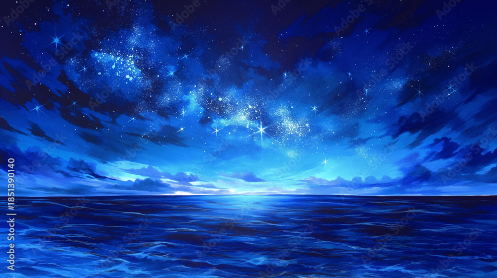Obraz premium 静かな海と星空が織りなす幻想的な夜明けの風景イラスト｜癒し、ヒーリング、精神安定、自然との調和、リラックス、空、星、海、神秘、静寂、スピリチュアル、眠れる夜、ストック素材