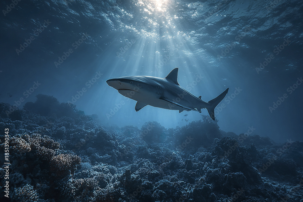 Fototapeta premium Underwater shark silhouette over coral reef in deep blue sea with sunlight rays creating dramatic and mysterious ocean scene full of marine life beauty