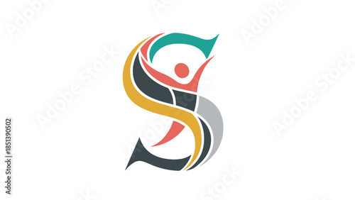 Modern graphic illustration: Dynamic abstract 'S' letter symbol with an integrated stylized human figure on a black background, representing connection and progress.