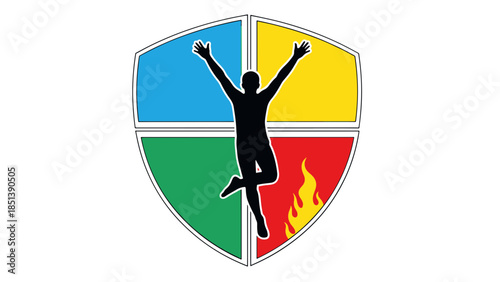 Dynamic graphic symbol of a triumphant human silhouette within a vibrant, multi-quadrant shield, representing elemental energy and achievement