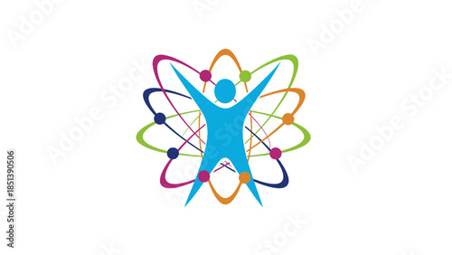 Vibrant conceptual graphic illustrating a human figure surrounded by interconnected colorful orbital paths, symbolizing well-being and scientific progress.