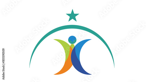 Vibrant abstract graphic illustration of diverse human figures striving for success under a guiding star, symbolizing community and achievement.