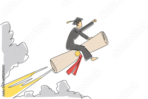 Continuous line drawing of a young graduate man riding a diploma like a rocket in the sky, symbolizing success, ambition, and education in an academic concept for National Higher Education Day.