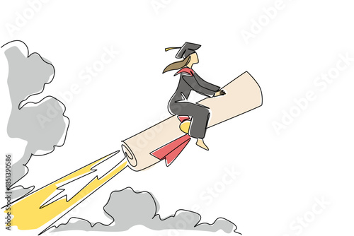 Continuous line drawing of a young woman in graduation gown riding a diploma rocket through clouds, symbolizing ambition, success, and progress for National Higher Education Day theme.