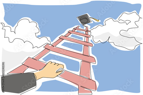 Single line drawing of a tall ladder leading to a graduation cap among clouds, symbolizing perseverance, ambition, and achievement in a conceptual design for National Higher Education Day.