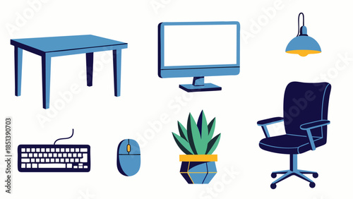 Modern Office Furniture and Computer Equipment Set, Desk, Chair, Keyboard, Monitor, Lamp, Plant