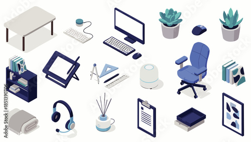 Modern isometric office and home office essentials set, featuring desk, computer, chair, plants, and creative tools for a productive workspace.