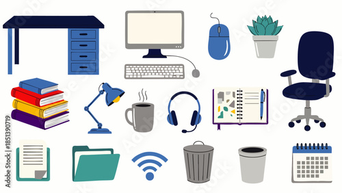 Office supplies and equipment icons set, including desk, computer, chair, books, lamp, coffee mug, headphones, and calendar
