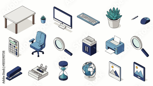 Isometric office and business workspace icons collection. Modern 3D flat design elements for technology, productivity, and corporate environments.