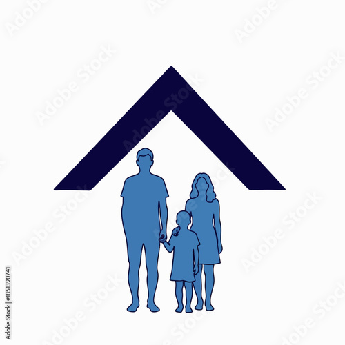Abstract illustration of a happy family (father, mother, child) standing together under a protective roof, symbolizing home, safety, and security, on white background.