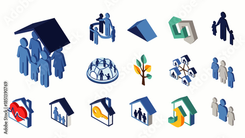 Isometric icons set representing family, home, shelter, community, protection, and social connections. Ideal for concepts of security, unity, and belonging.