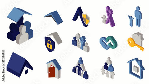 Isometric 3D icons for home, family, real estate, and insurance concepts. Vector illustration set depicting property protection, community, and secure living.