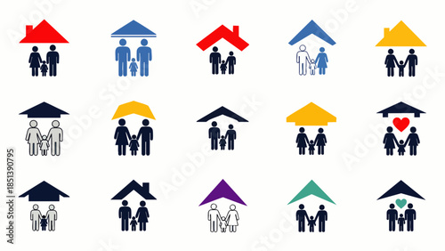 Collection of various family icons under colorful house roofs, symbolizing home, protection, security, and diverse family structures. Housing and community concept.
