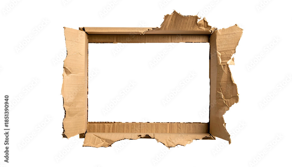 Fototapeta premium Torn cardboard box with a rectangular hole against black, revealing emptiness