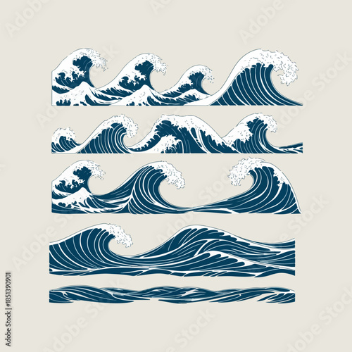 Vector set of sea with waves and ocean elements