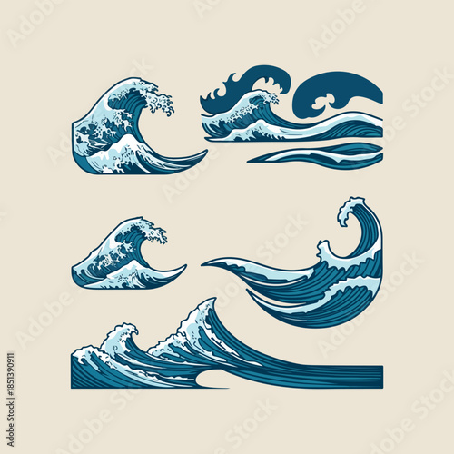 Hand drawn vector whale and abstract wave illustration