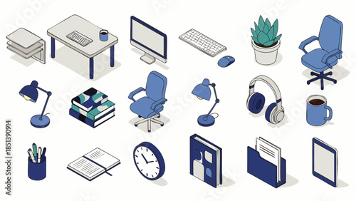 Isometric office supplies and furniture set, including desk, chairs, computer, lamp, books, and plant, for business and workspace design