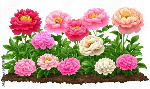 Collection of colorful peony flowers in full bloom isolated on white background