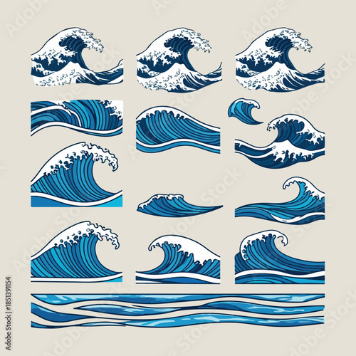 Vector set of sea with waves and ocean elements