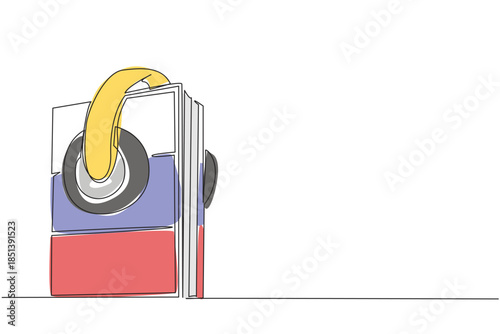 Continuous line drawing of a earphone book featuring Russian flag, representing secure language education, literacy, and the significance of Russian language learning during Russian Language Day event
