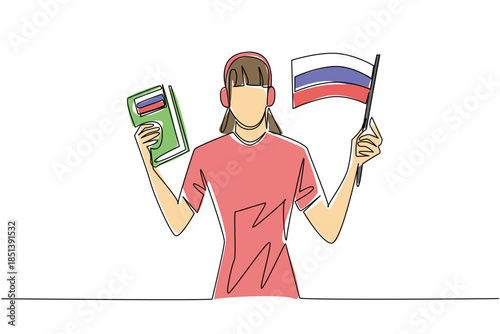 Single line drawing of a young girl wearing headphones and holding a Russian flag and book, symbolizing enthusiastic student participation in Russian language learning and international celebration