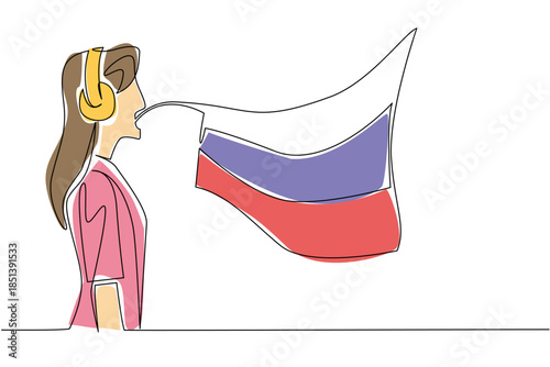 Single line drawing of a female interpreter with headphones speaking and displaying the Russian flag, highlighting women role in language learning, education, and translation for Russian Language Day