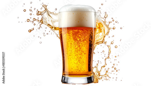 A tall glass of golden brew with a frothy head, surrounded by splashing liquid