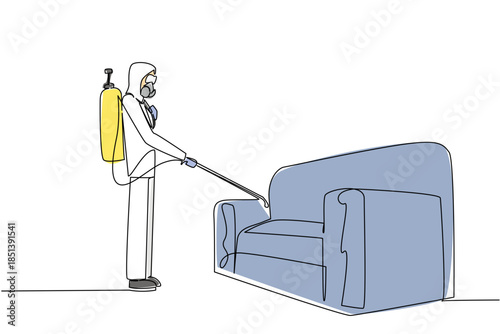 single line drawing of a woman in protective outfit spraying a sofa, emphasizing thorough home pest control, safety standards, and professional female participation during World Pest Day
