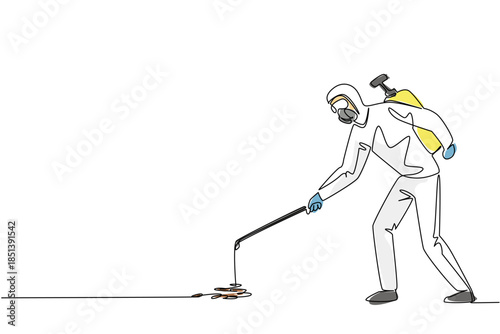 Single line drawing of a man in protective suit standing as he spray pesticide, showcasing professional pest control practices and safety measures during World Pest Day global event promoting health