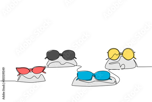 Continuous line drawing of assorted sunglasses and eyeglasses displayed on stands, representing modern fashion choices, eye protection, and vision awareness at National Eyewear Day global event