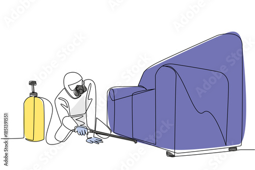 Continuous line drawing of a man in protective suit kneeling and spraying under a sofa, emphasizing detailed pest management, home hygiene, and professional standards for World Pest Day