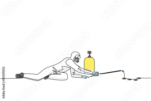 One line drawing of a male pest control worker crawling in a protective suit while spraying pesticide, highlighting meticulous extermination and health safety standards of World Pest Day global event