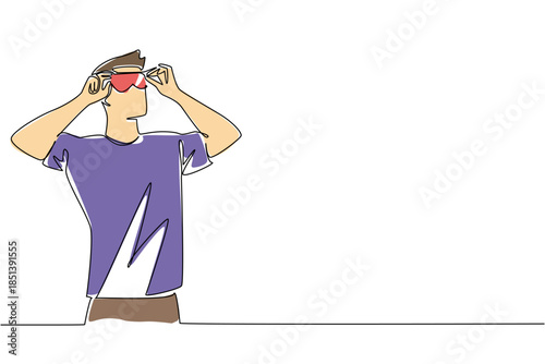 One line drawing of a man adjusting fashionable sunglasses, expressing modern style, vision care, and health awareness in celebration of National Eyewear Day as an international event supporting eye