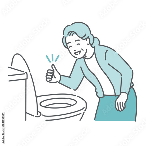 トイレで便の状態を確認してOKサインを出す高齢女性のイラスト（快便・介護・健康管理）