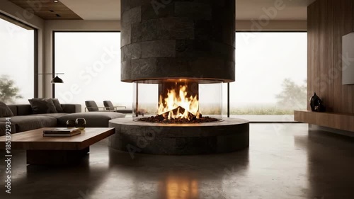 Modern cylindrical fireplace with burning wood in luxury minimalist living room interior