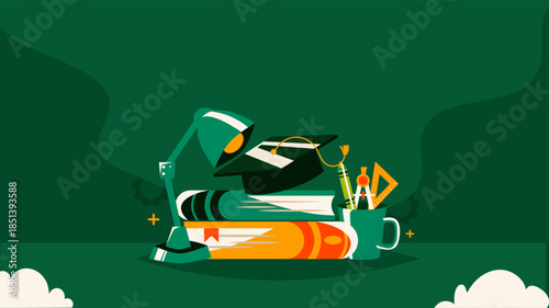 Essential elements for academic success A vibrant illustration showcasing books, a graduation cap, and key study tools on a desk, perfect for educational concepts