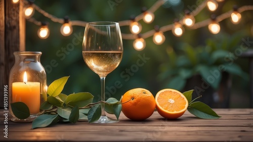Elegant white wine glass with citrus and candlelight at cozy evening