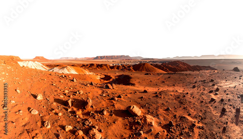 Panoramic view of a rocky, reddish landscape with a dark, expansive sky above