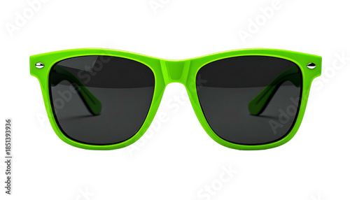 Bright neon green sunglasses with dark lenses, classic retro design, isolated on black