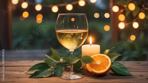 Glass of white wine with orange slice and candle on festive background