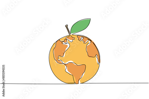 Cever continuous line drawing portraying an orange as planet Earth. A nature and health concept for World Food Safety Day, highlighting global food quality and healthy produce.