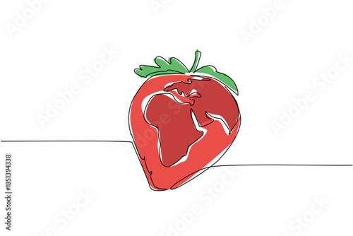 Unique single line drawing depicting a strawberry as planet Earth. A nature and health concept for World Food Safety Day, emphasizing global food security and well-being.