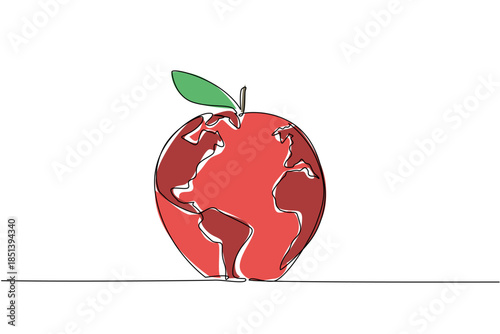 Symbolic one line drawing illustrating an apple as planet Earth. A nature and health concept for World Food Safety Day, promoting global food standards and sustainable eating.