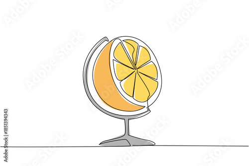 Creative one line drawing of a globe featuring a sliced orange. A nature and health concept for World Food Safety Day, emphasizing global food quality and fresh produce.