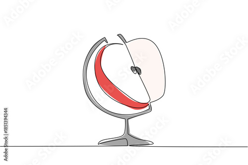 Minimalist continuous line drawing of a globe with a sliced apple. A nature and health concept for World Food Safety Day, promoting global food standards and healthy eating.